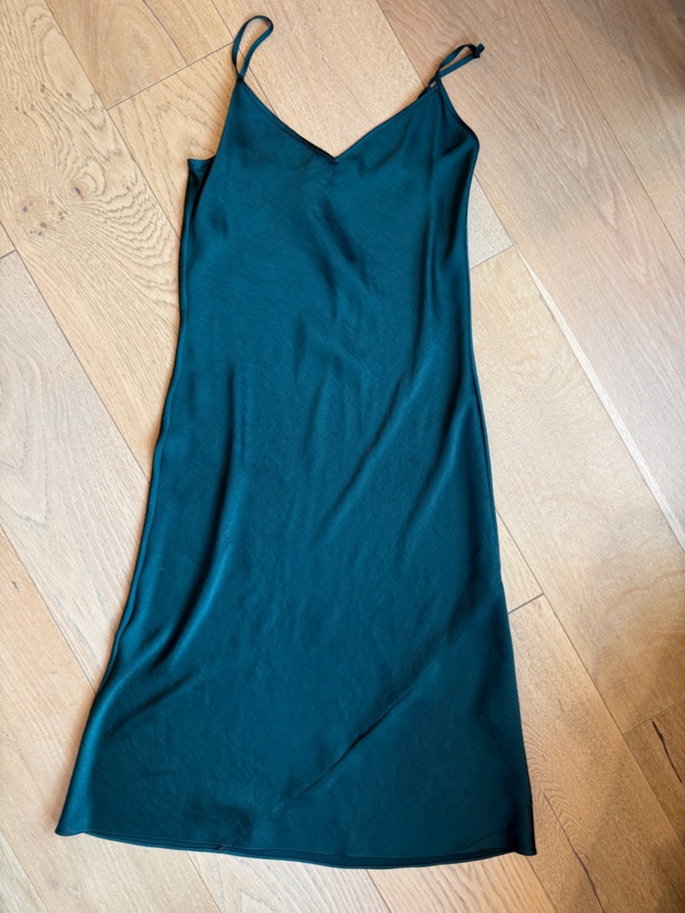 Wilfred Teal Satin Midi Slip Dress - V-Neck Spaghetti Straps